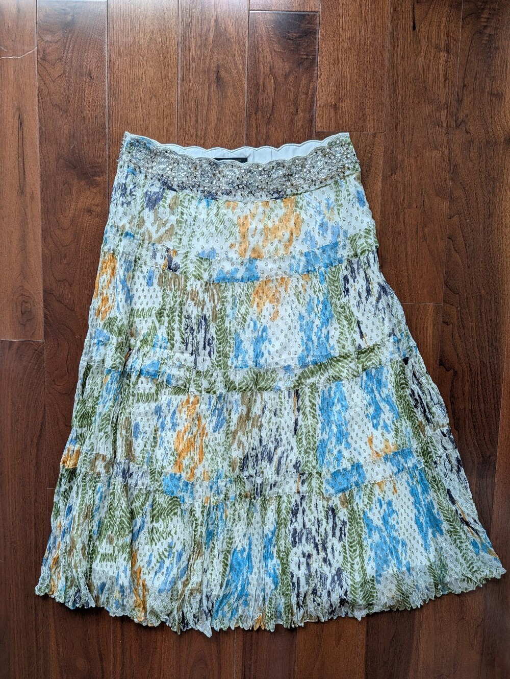 BCBGMaxAzria Multicolor Tiered Maxi Skirt in Blue, Green & Orange